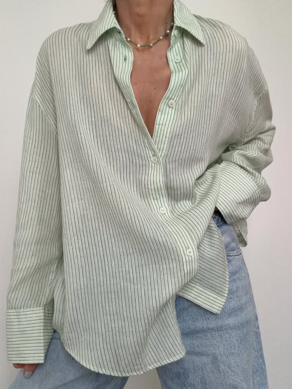 Zara Oversized Striped Gauze Shirt Top S Green Cotton Button Up Lightweight